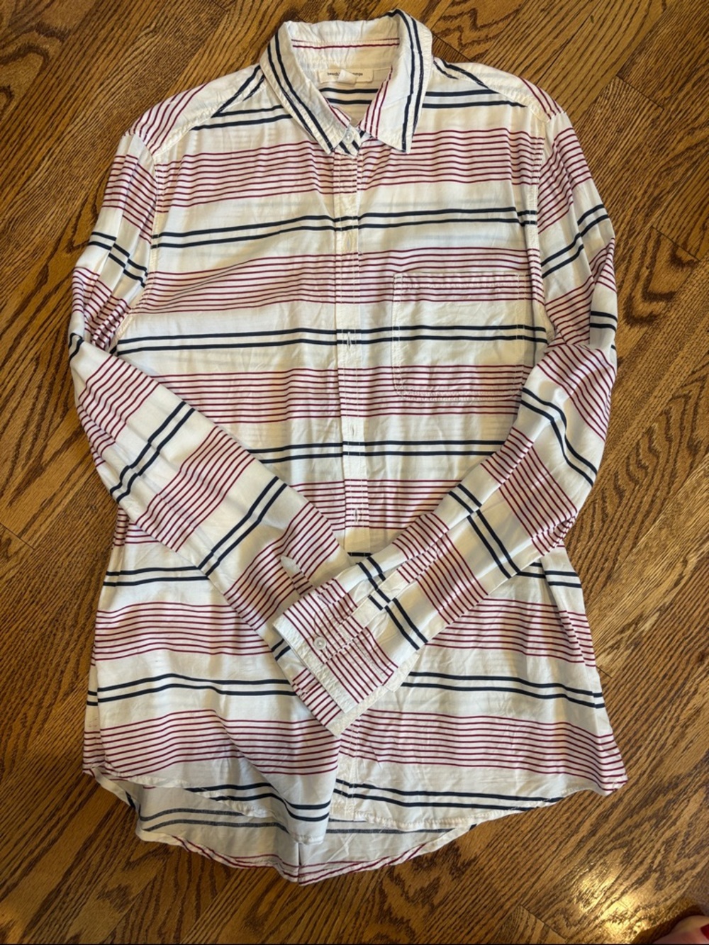 beachlunchlounge White Button-Up Shirt with Red and Navy Stripes
